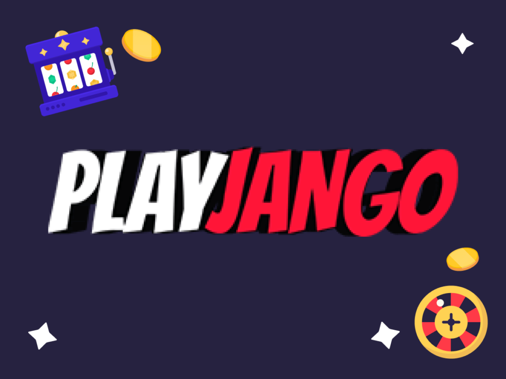 Logo de Playjango con una máquina tragamonedas, ficha de ruleta y monedas doradas sobre fondo azul oscuro
