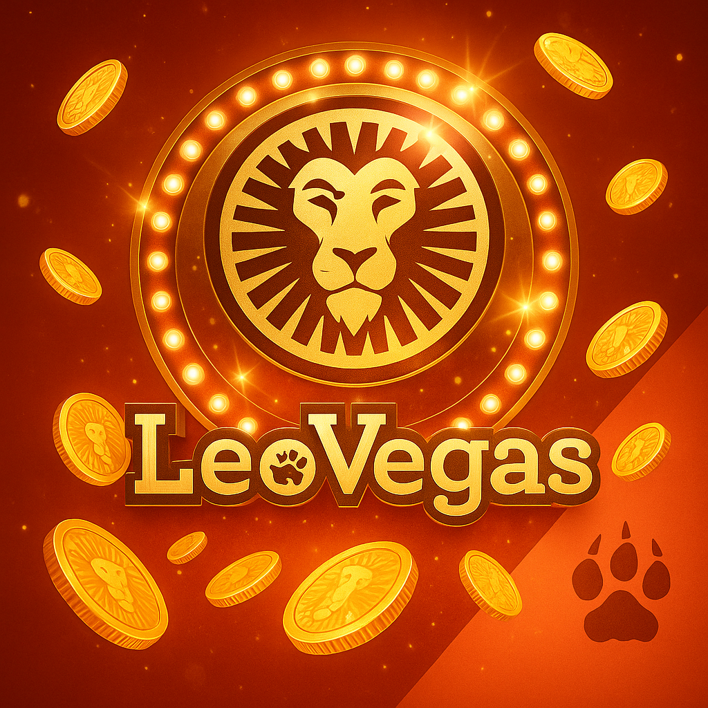 Logo circular de león iluminado con luces de marquesina sobre fondo rojo anaranjado, acompañado de monedas doradas flotando y el texto LeoVegas en letras brillantes.