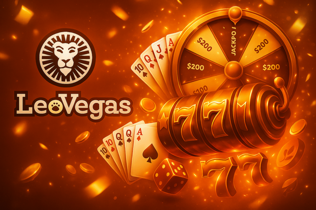 Ilustración brillante de LeoVegas con logotipo de león, ruleta de premios, tragamonedas con combinación 777, cartas de póker y monedas doradas flotando.