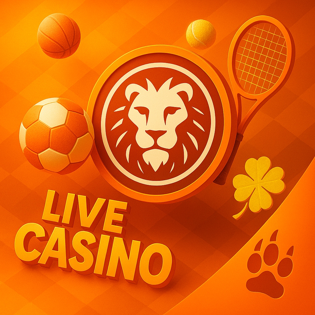 con diseño de león, balón y cartel luminoso en naranja