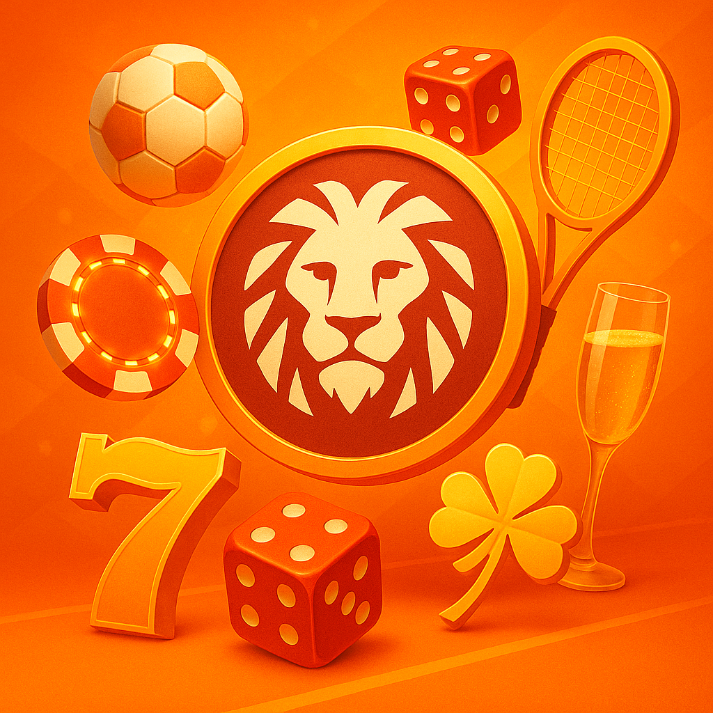 denunciar a Leovegas con diseño de león, balón y cartel luminoso en naranja