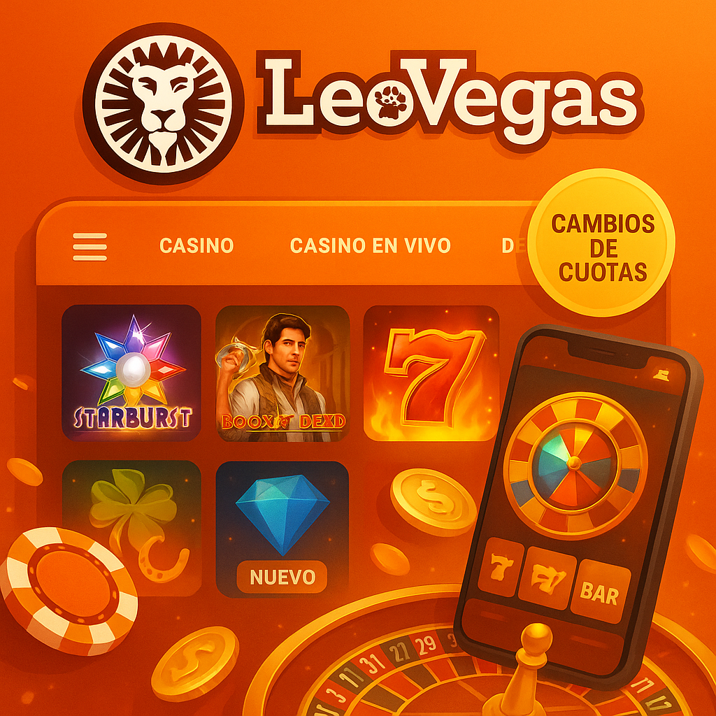 cambio de cuotas en leovegas mostrado en interfaz brillante con ruleta, tragamonedas y fichas virtuales