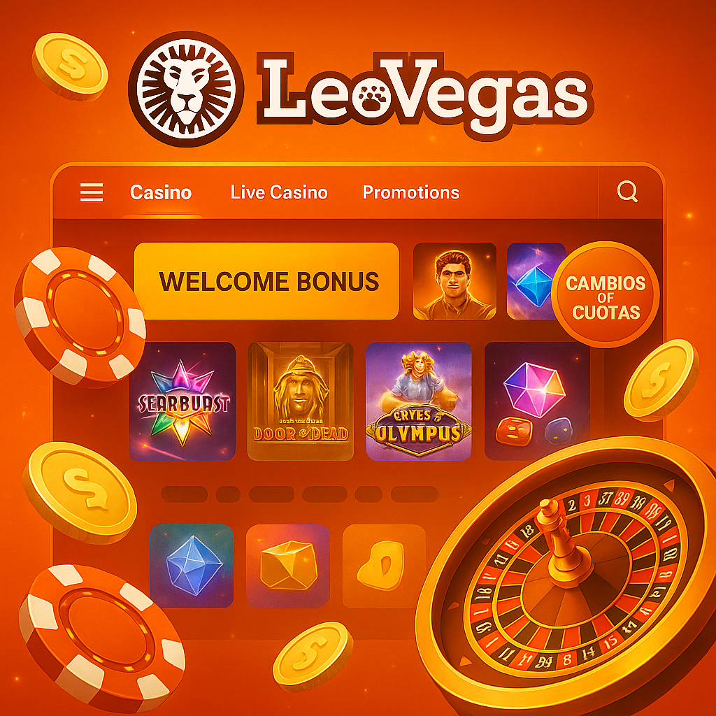 cambio de cuotas en leovegas ilustrado en interfaz llamativa con juegos, ruleta y fichas virtuales
