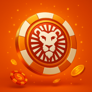 leovegas ilustrado con ficha de casino 3D naranja, monedas doradas y fondo cálido
