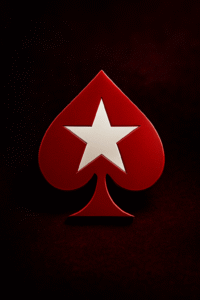 Cartas de póker de la Reina de Picas y el Rey de Diamantes con fichas rojas apiladas, incluyendo una ficha destacada con el símbolo de picas y una estrella blanca, representando atención al cliente de PokerStars.