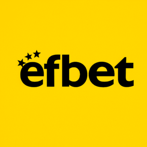 Logotipo negro de Efbet con cuatro estrellas sobre fondo amarillo brillante, representando la plataforma de efbet apuestas y juegos en línea.
