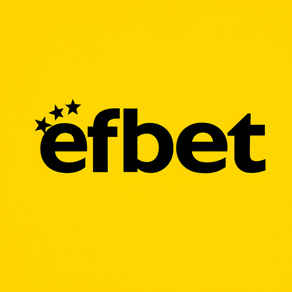 Logotipo negro de Efbet con cuatro estrellas sobre fondo amarillo brillante, representando la plataforma de efbet apuestas y juegos en línea.