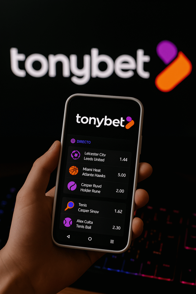 Ilustración de un futbolista con uniforme naranja pateando un balón junto al logotipo de Tonybet sobre fondo oscuro, representando una escena relacionada con problemas con el bono Tonybet.