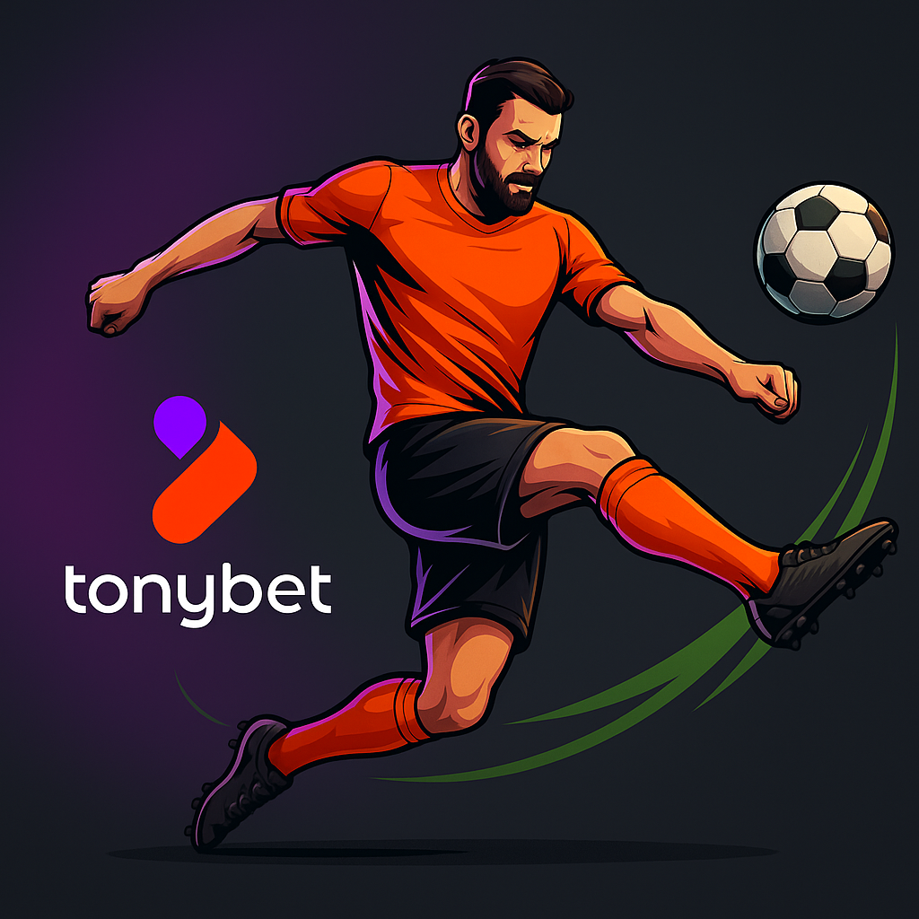 Ilustración de un futbolista con uniforme naranja pateando un balón junto al logotipo de Tonybet sobre fondo oscuro, representando una escena relacionada con problemas con el bono Tonybet.