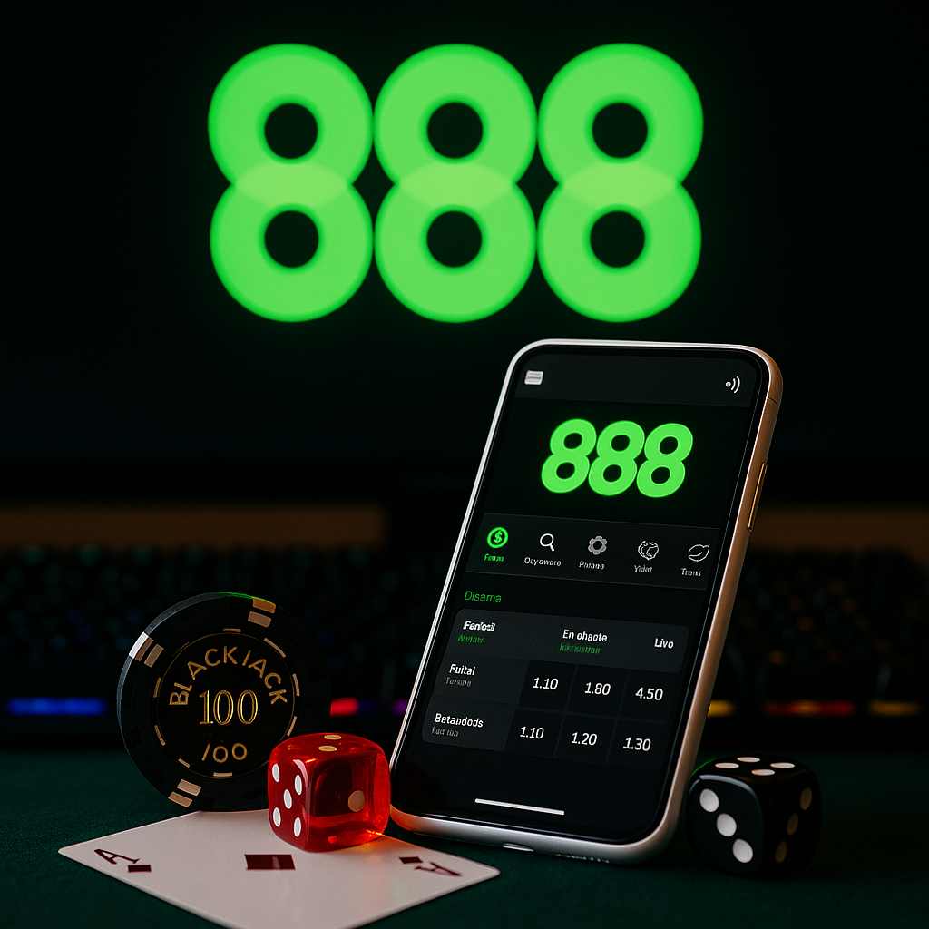 Fichas de casino, dado rojo, carta de as de picas y teclado iluminado frente al logotipo verde brillante de 888, representando una escena típica del casino 888 ruleta en línea.