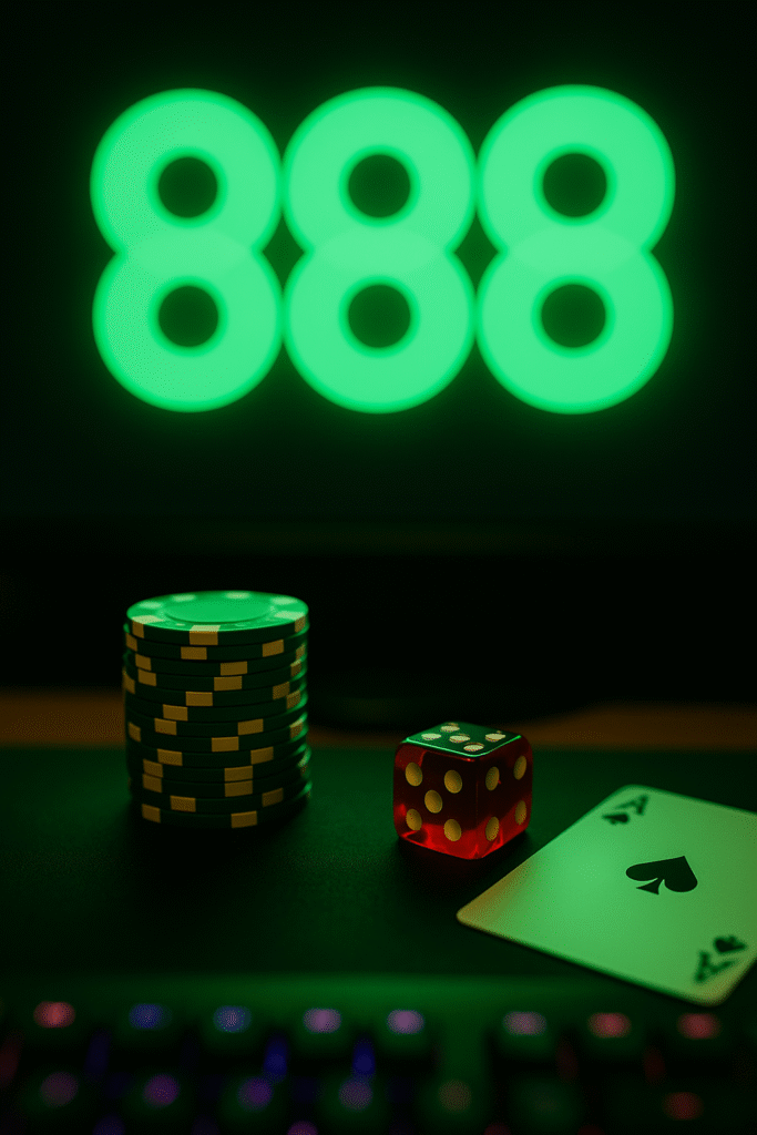 Fichas de casino, dado rojo, carta de as de picas y teclado iluminado frente al logotipo verde brillante de 888, representando una escena típica del casino 888 ruleta en línea.