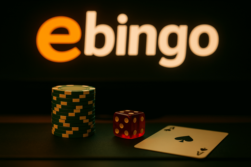 Logo ebingo brillante al fondo con fichas verdes, dado rojo y carta de as de espadas en primer plano sobre mesa oscura