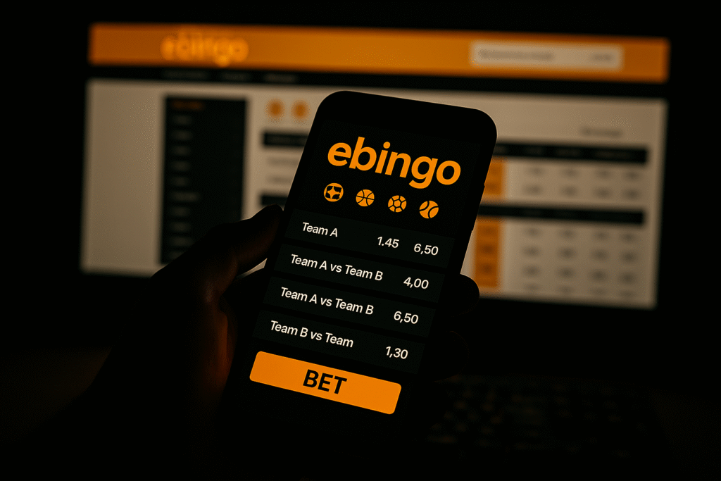 Usuario sosteniendo un smartphone con la app de apuestas deportivas de ebingo abierta, mostrando cuotas y botón BET, con fondo desenfocado de pantalla de ordenador