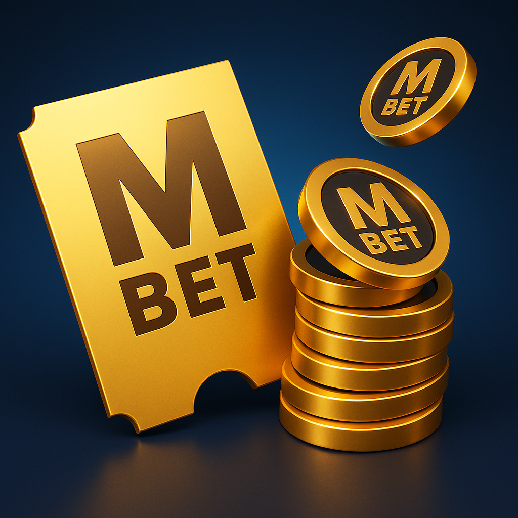 cket dorado y fichas de casino con logotipo M BET en fondo azul