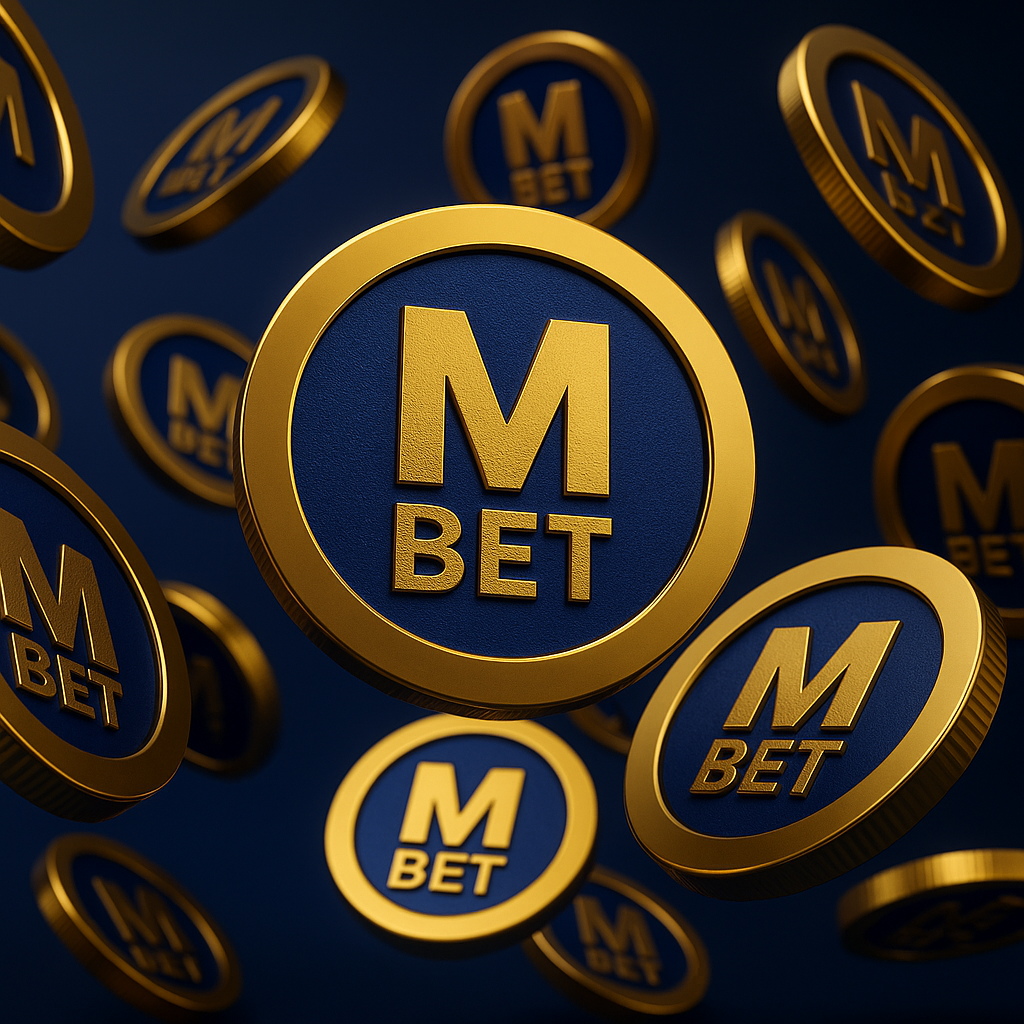 Fichas doradas “M BET” flotando en fondo azul oscuro
