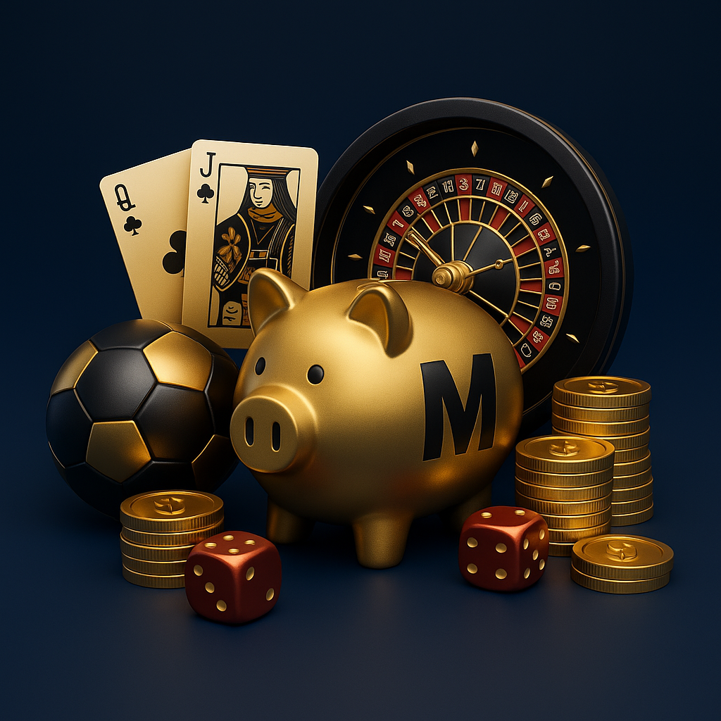 Escena de apuestas con alcancía dorada y elementos de casino en fondo azul oscuro