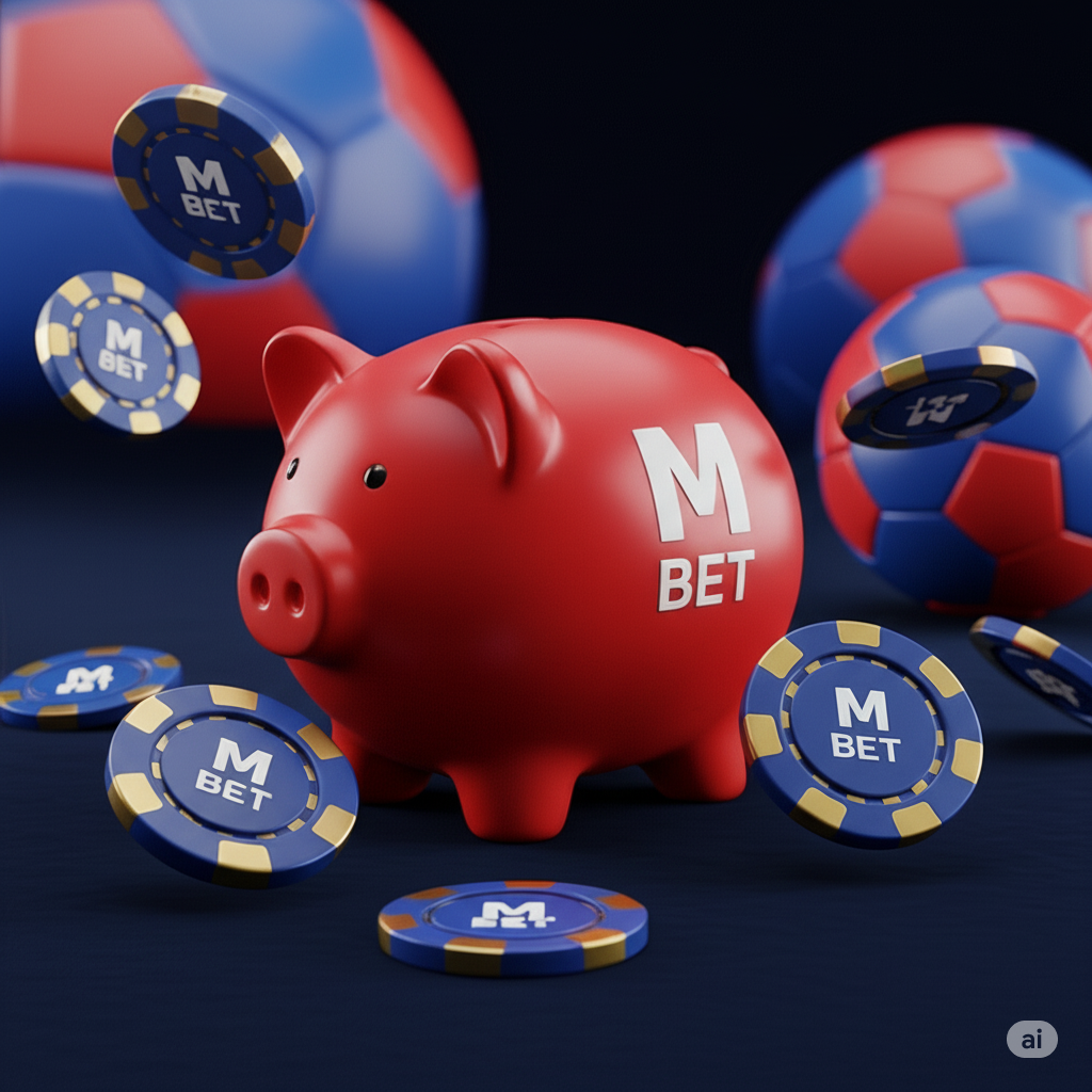 cancía de cerdito rojo con fichas azules y logo M BET