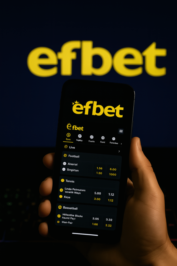 Logotipo de efbet iluminado en rojo sobre una pared, acompañado de terminales de apuestas deportivas y una mano sosteniendo un móvil con la app de efbet abierta, en un entorno físico de apuestas en España.