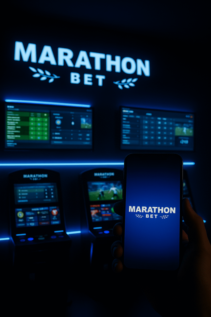 Logotipo de Marathonbet en letras luminosas azules sobre fondo oscuro, representando promociones y bonos disponibles en la plataforma de apuestas.