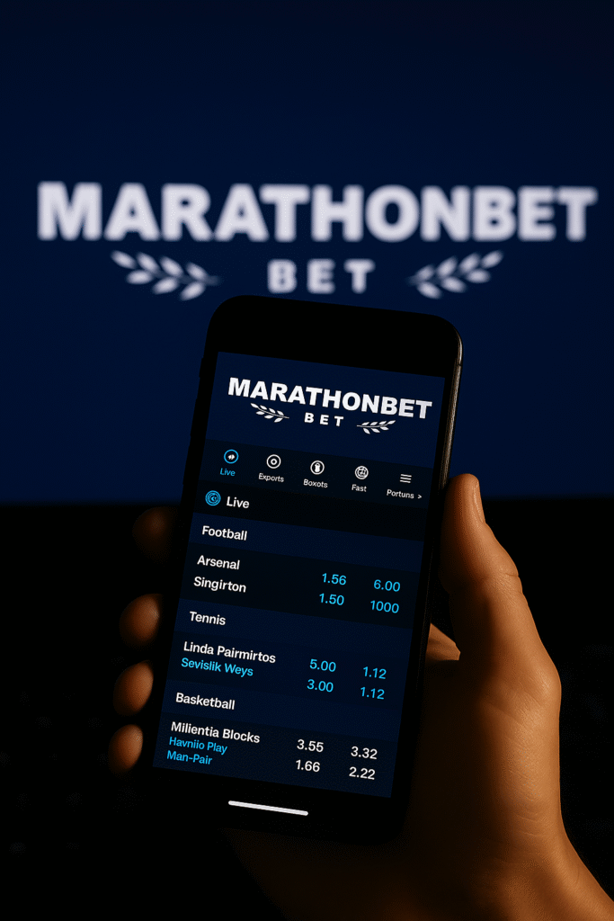 Logotipo de Marathonbet en letras luminosas azules sobre fondo oscuro, representando promociones y bonos disponibles en la plataforma de apuestas.