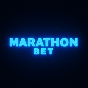 Logotipo de Marathonbet en letras luminosas azules sobre fondo oscuro, representando promociones y bonos disponibles en la plataforma de apuestas.