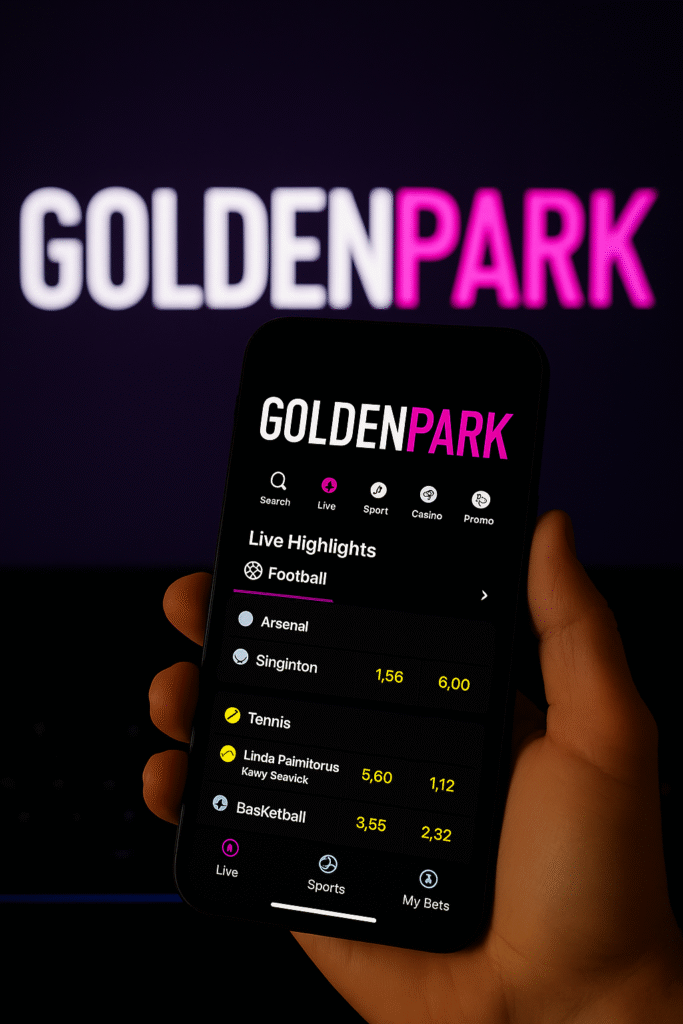 Teléfono móvil con la pantalla encendida mostrando el logotipo de Goldenpark frente a terminales y pantallas de apuestas en un casino físico, ambientado con luces rojas y doradas.