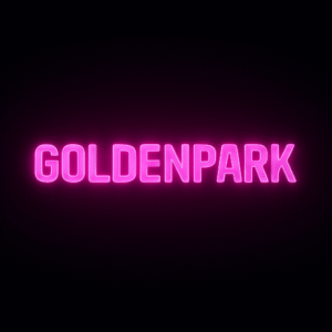 Teléfono móvil con la pantalla encendida mostrando el logotipo de Goldenpark frente a terminales y pantallas de apuestas en un casino físico, ambientado con luces rojas y doradas.