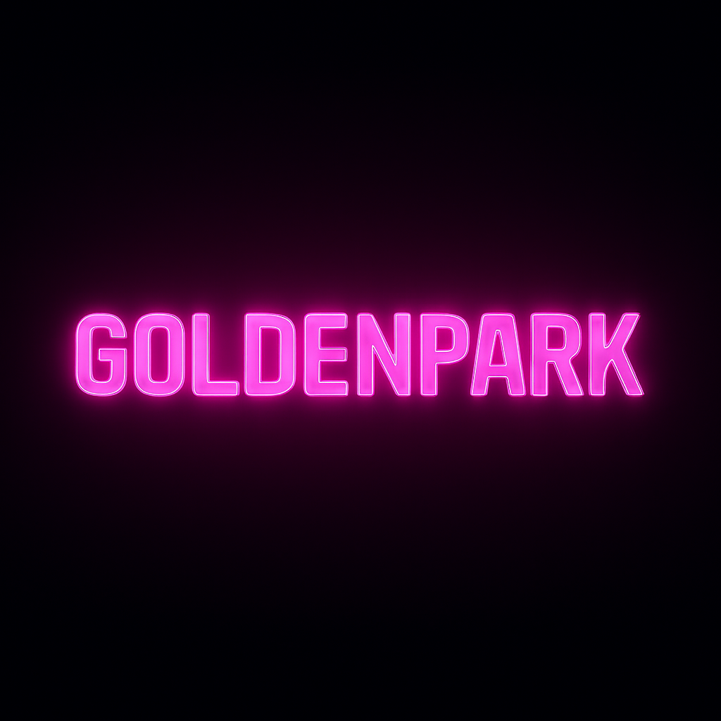 Teléfono móvil con la pantalla encendida mostrando el logotipo de Goldenpark frente a terminales y pantallas de apuestas en un casino físico, ambientado con luces rojas y doradas.