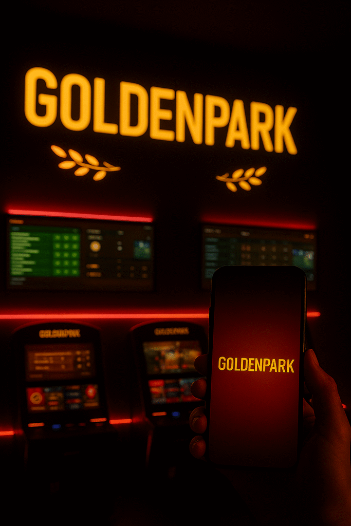 Teléfono móvil con la pantalla encendida mostrando el logotipo de Goldenpark frente a terminales y pantallas de apuestas en un casino físico, ambientado con luces rojas y doradas.