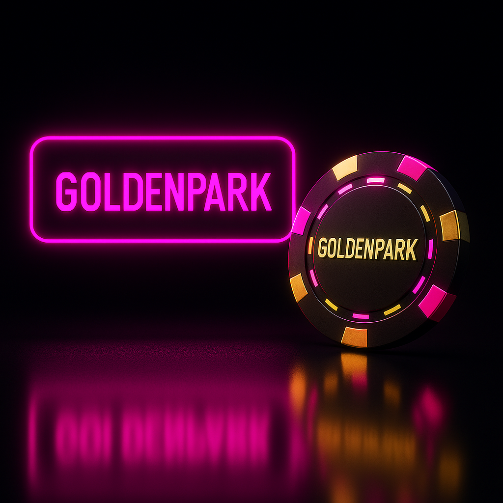 Interior de una sala de apuestas Goldenpark con máquinas recreativas y aplicación móvil de Goldenpark Bet en primer plano, todo iluminado con luces fucsias.