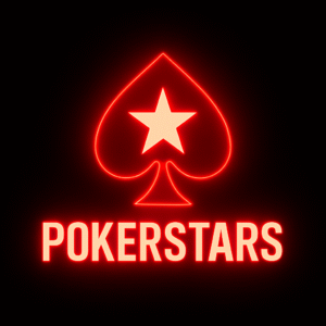 Logotipo iluminado de PokerStars con una pica roja y una estrella central, representando la plataforma PokerStars Sports dedicada a las apuestas deportivas online.
