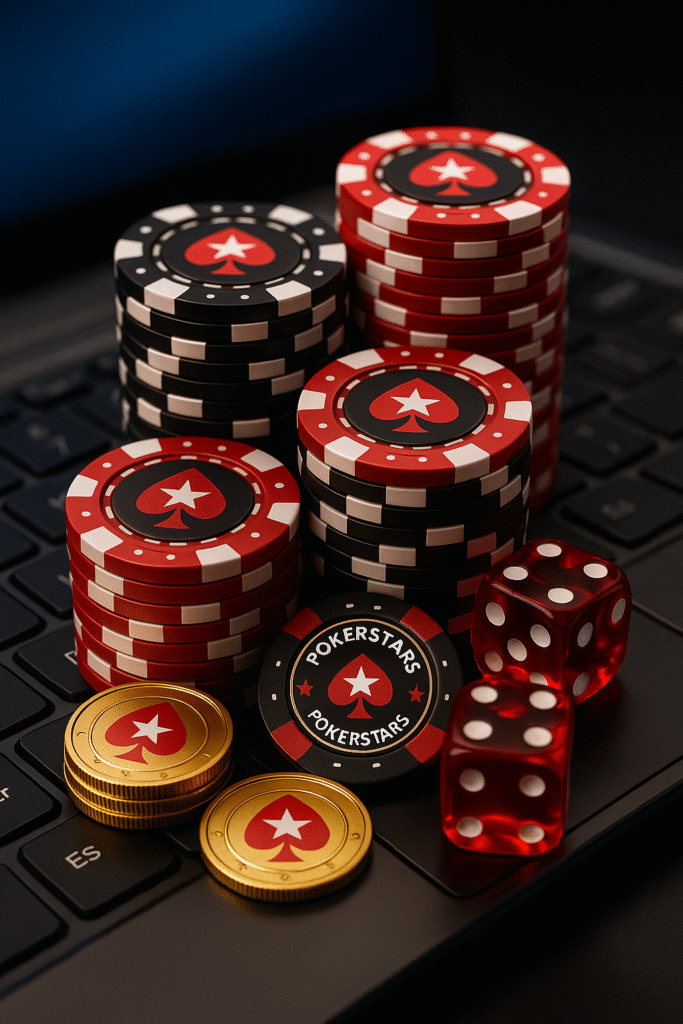 Logotipo iluminado de PokerStars con una pica roja y una estrella central, representando la plataforma PokerStars Sports dedicada a las apuestas deportivas online.