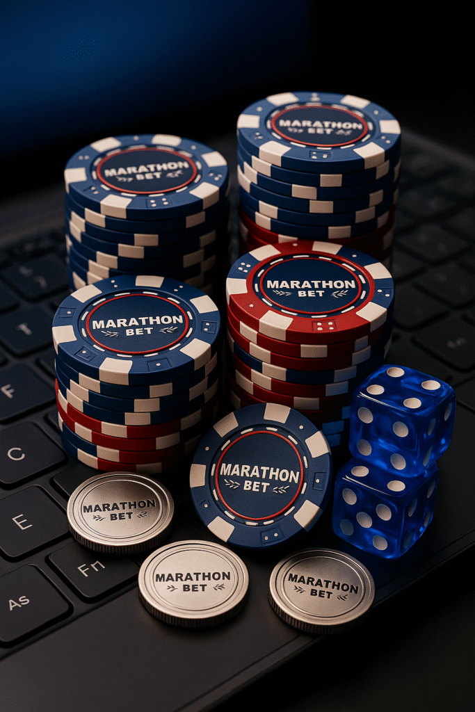 Fichas de casino y dados azules con el logotipo de Marathonbet sobre un teclado de ordenador, representando el entorno digital de apuestas online de Marathonbet.