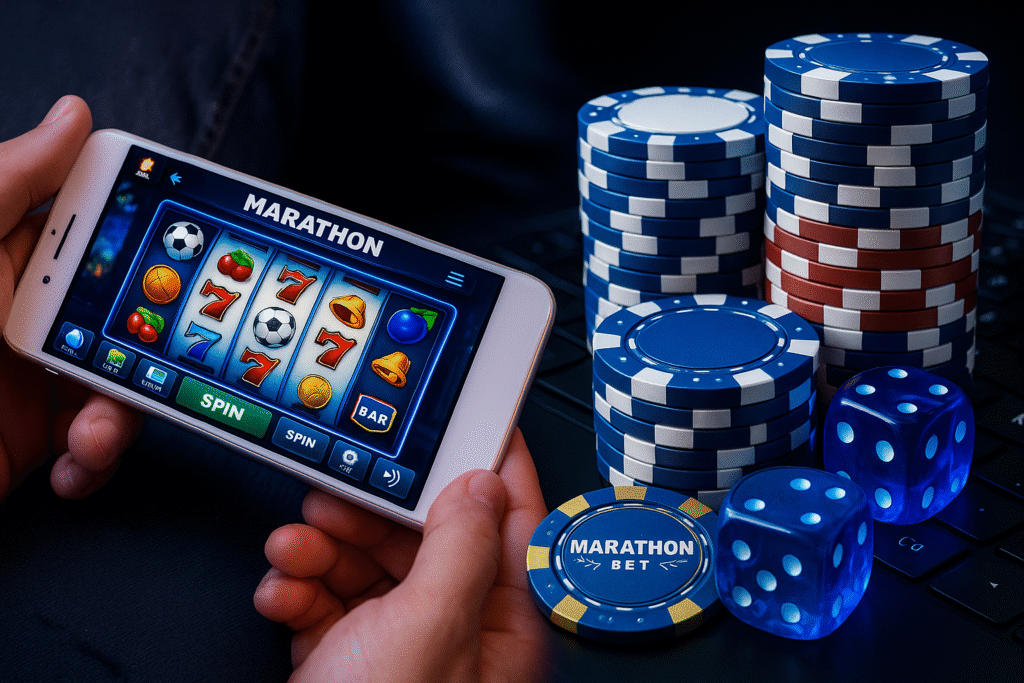 Fichas de casino y dados azules con el logotipo de Marathonbet sobre un teclado de ordenador, representando el entorno digital de apuestas online de Marathonbet.