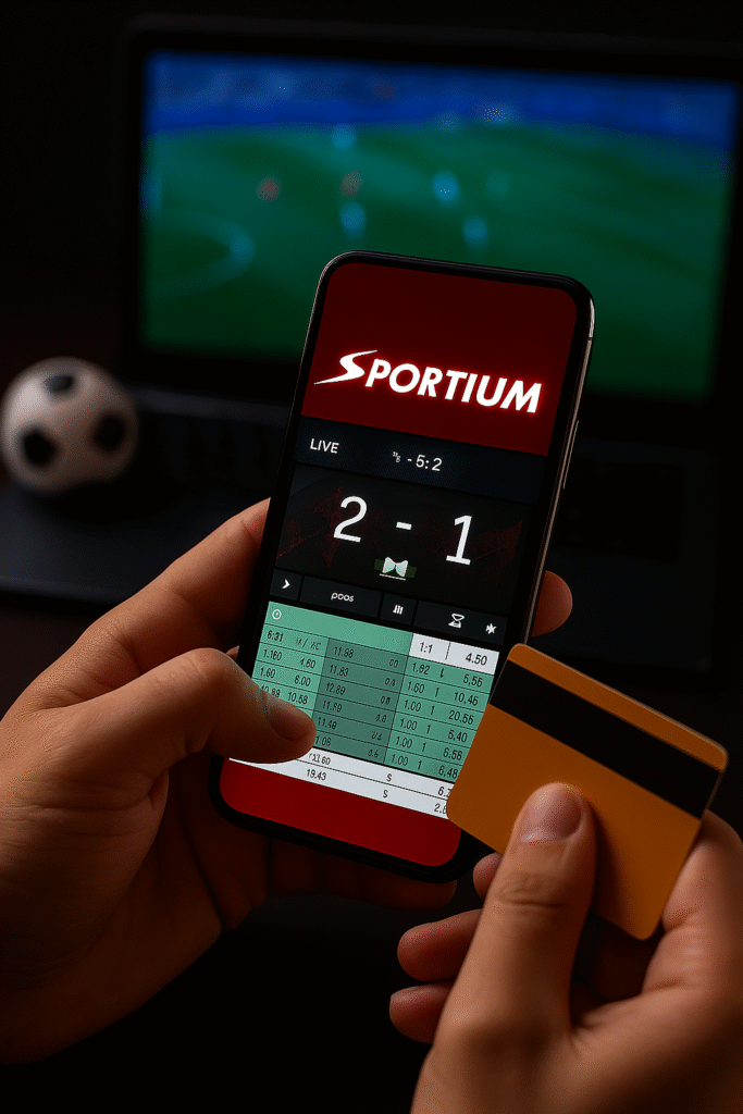 Logotipo iluminado de Sportium en rojo neón con fondo oscuro, representando la plataforma de apuestas deportivas y casino online de Sportium.