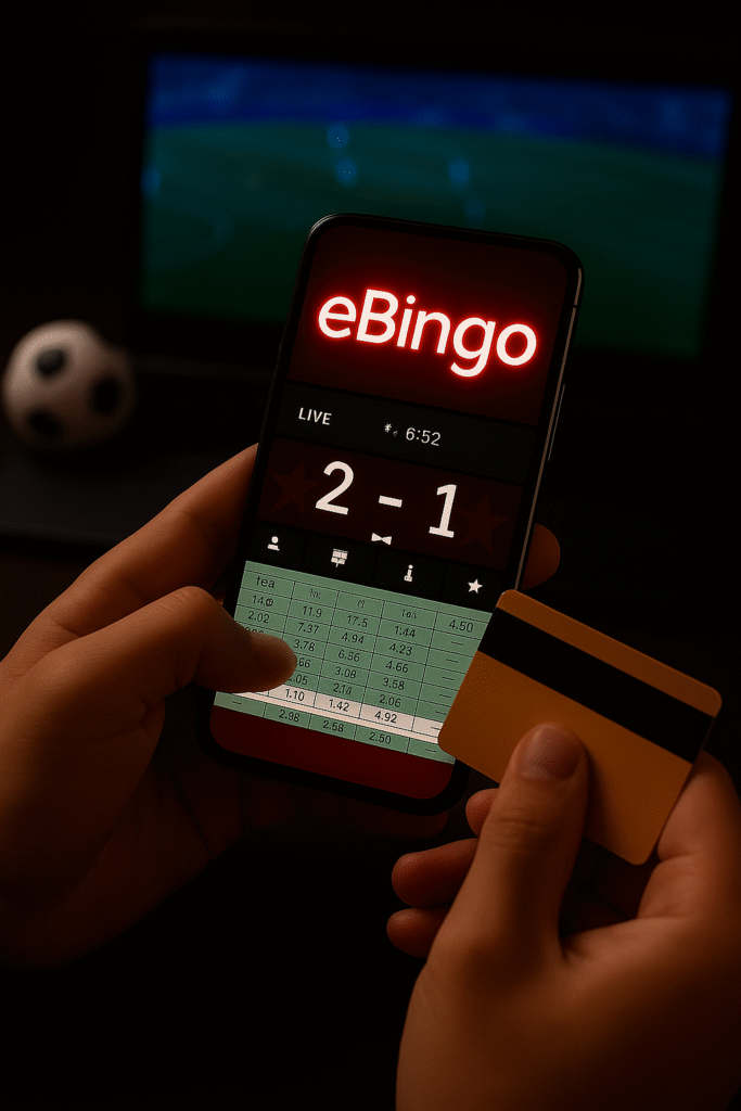 Aplicación móvil de Ebingo Casino mostrando una tragaperras con símbolos clásicos, junto a fichas de póker y dados rojos, representando el juego online en Ebingo.