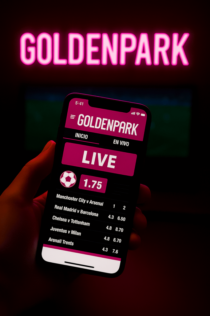 Logo brillante de Goldenpark con las letras GP en blanco sobre fondo rosa neón, representando el bono Goldenpark de bienvenida.