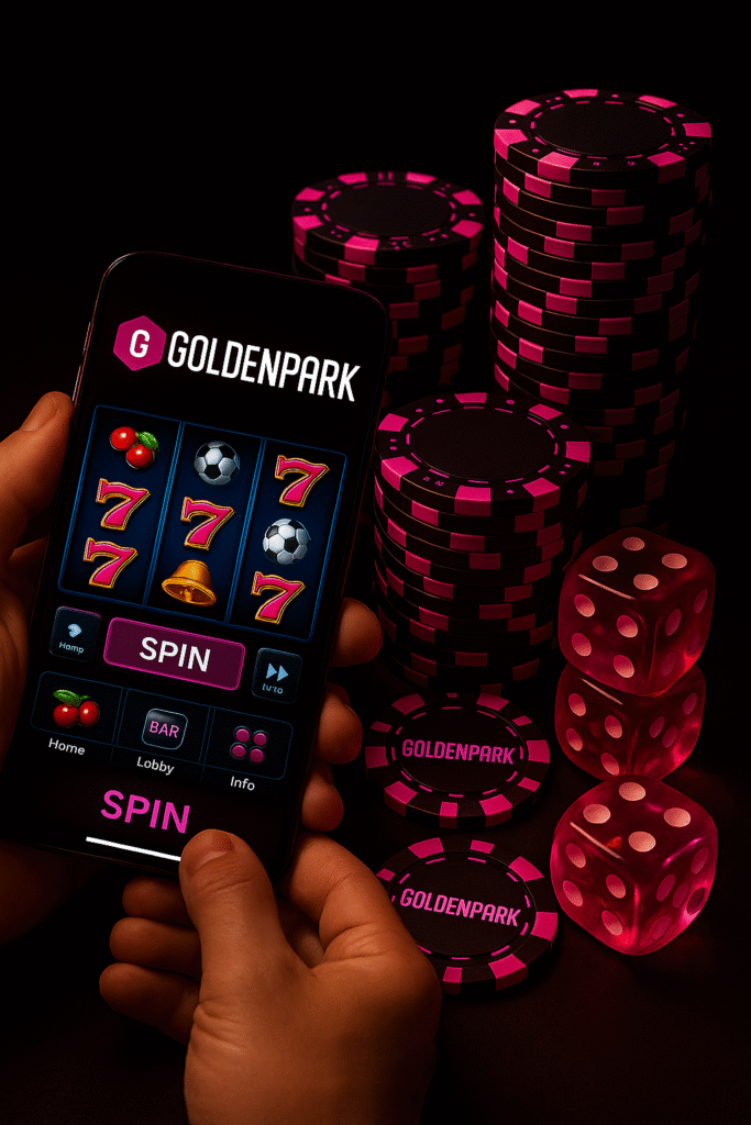 Logo brillante de Goldenpark con las letras GP en blanco sobre fondo rosa neón, representando el bono Goldenpark de bienvenida.