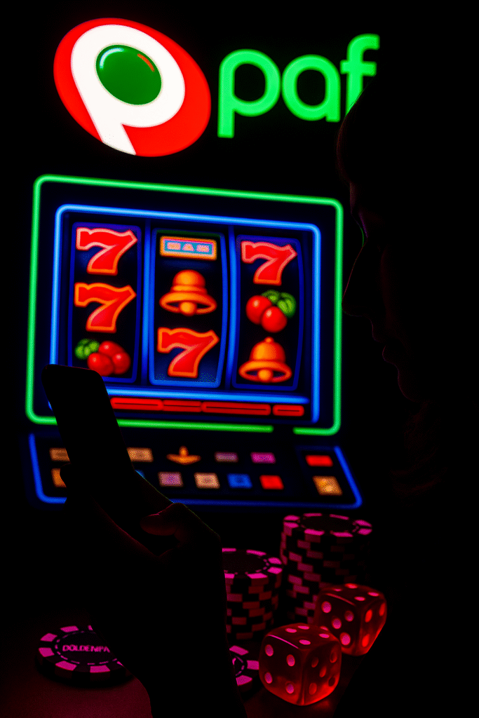 Mano sosteniendo cartas de póker (4, 5 y 6 de picas) sobre una mesa verde con fichas de casino y el logotipo de PAF iluminado en verde, representando las apuestas PAF.