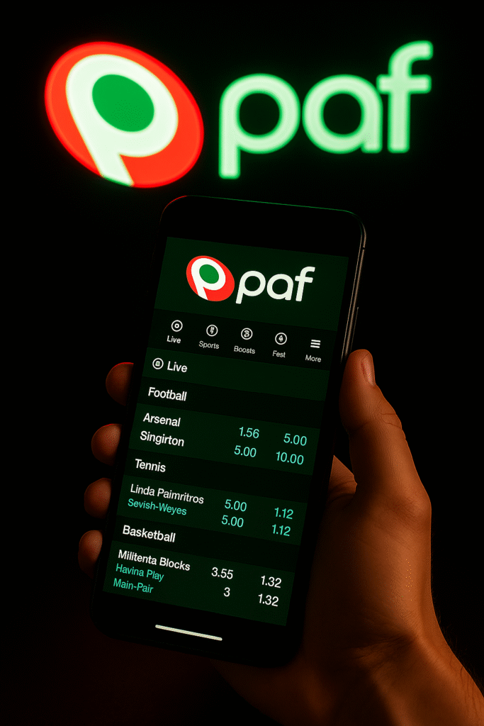 Mano sosteniendo cartas de póker (4, 5 y 6 de picas) sobre una mesa verde con fichas de casino y el logotipo de PAF iluminado en verde, representando las apuestas PAF.