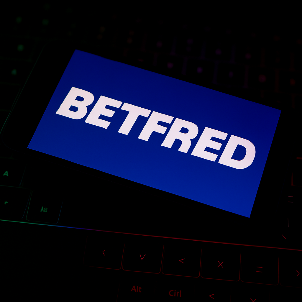 Logotipo de Betfred en pantalla de móvil con fondo azul, representando la plataforma de apuestas deportivas y juegos online de Betfred.