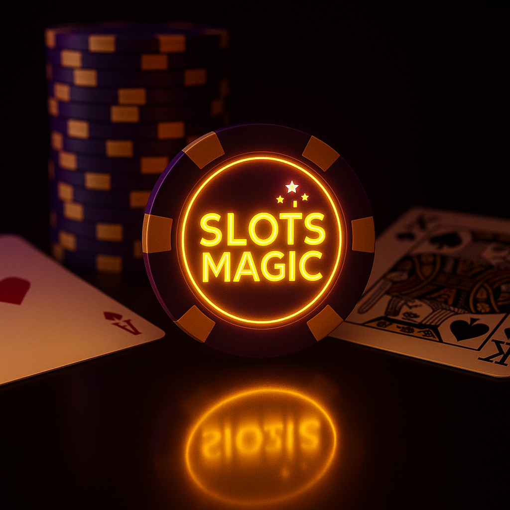Tarjeta dorada con el logo de SlotsMagic sostenida frente a una ruleta virtual en una pantalla, ilustrando el cambio de cuotas y apuestas en el casino online.