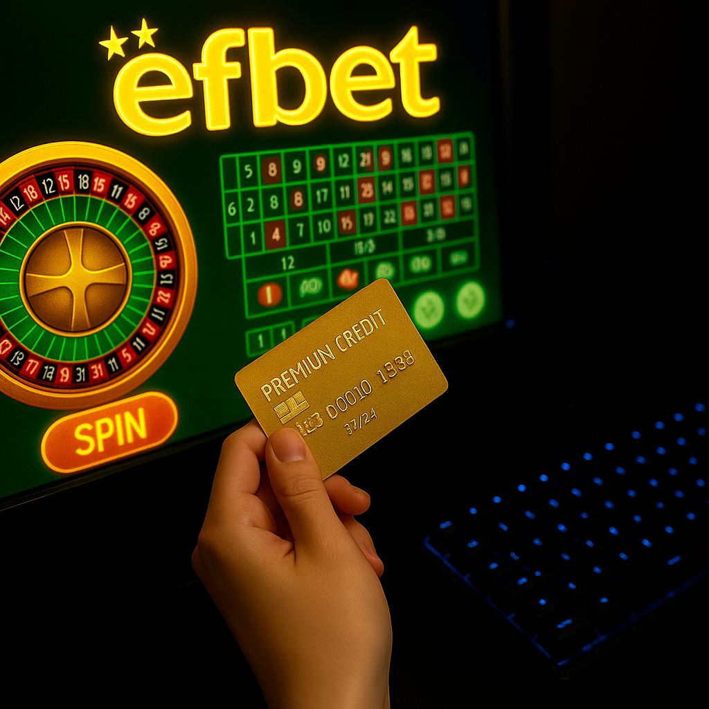 Jugador usando una tablet con tragamonedas efbet junto a fichas de casino y dados