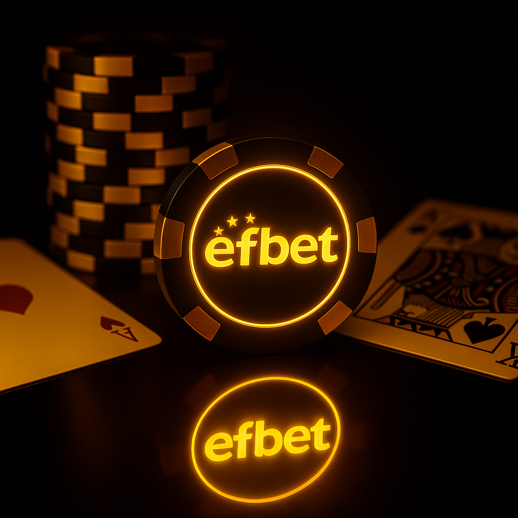 Ficha iluminada de casino efbet con cartas de póker sobre mesa oscura