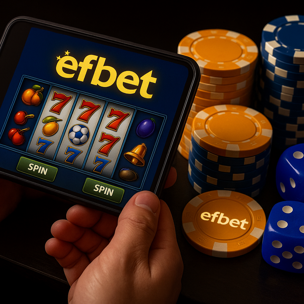 Logo efbet en pantalla de móvil sobre teclado de computadora portátil