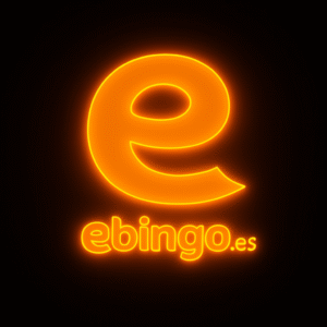 Logotipo iluminado en color naranja de Ebingo sobre fondo oscuro, mostrado en la pantalla de un dispositivo móvil, simbolizando su plataforma de apuestas online.