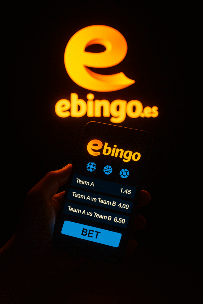 Logotipo iluminado en color naranja de Ebingo sobre fondo oscuro, mostrado en la pantalla de un dispositivo móvil, simbolizando su plataforma de apuestas online.