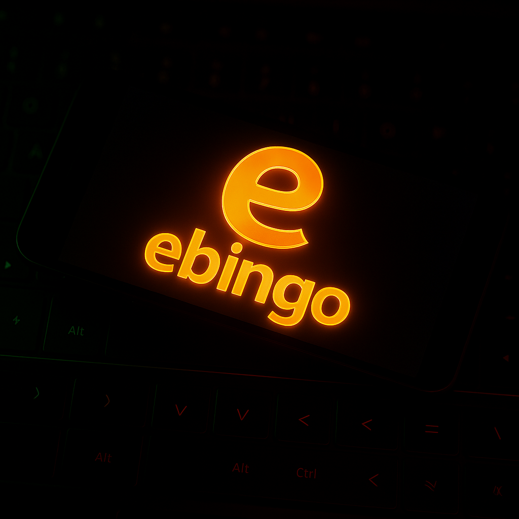 Logotipo iluminado en color naranja de Ebingo sobre fondo oscuro, mostrado en la pantalla de un dispositivo móvil, simbolizando su plataforma de apuestas online.
