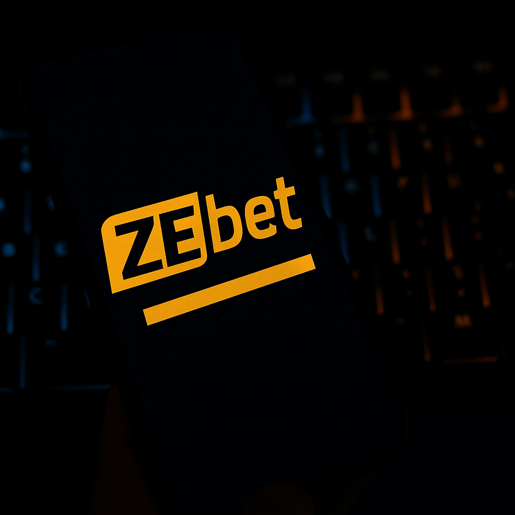 Pantalla de móvil con el logo ZeBet y fondo con datos de apuestas deportivas