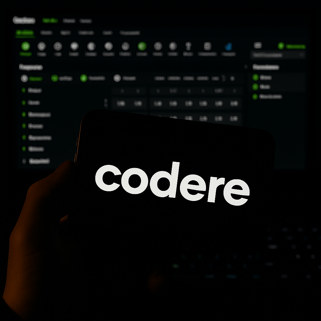 Logotipo verde de Codere iluminado sobre fondo negro, representando la identidad visual de la Codere App.